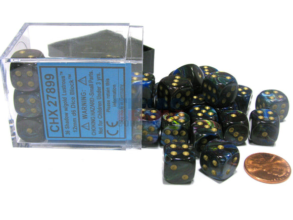 Chessex 12mm Lustrous Shadow/Gold 36ct D6 Set (27899) Dice Chessex   