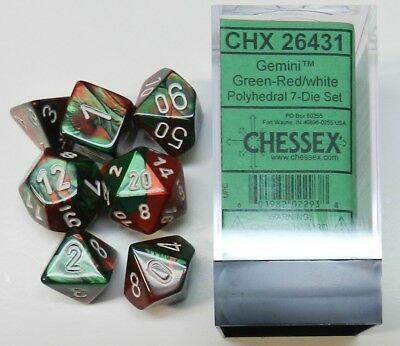 Chessex Gemini Green-Red/White 7ct Polyhedral Set (26431) Dice Chessex   