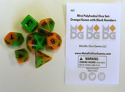 Metallic Dice Games Mini Orange-Green/Black 7ct Polyhedral Dice Set  FanRoll   
