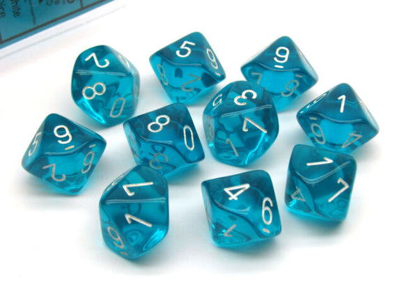 Chessex Translucent Teal/White 10ct D10 Set (23215) Dice Chessex   