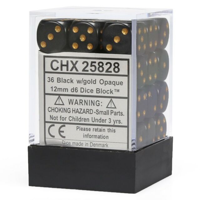 Chessex 12mm Opaque Black/Gold 36ct D6 Set (25828) Dice Chessex   