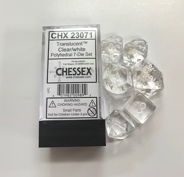 Chessex Translucent Clear/White 7ct Polyhedral Set (23071) Dice Chessex   
