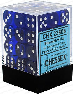 Chessex 12mm Translucent Blue/White 36ct D6 Set (23806) Dice Chessex   
